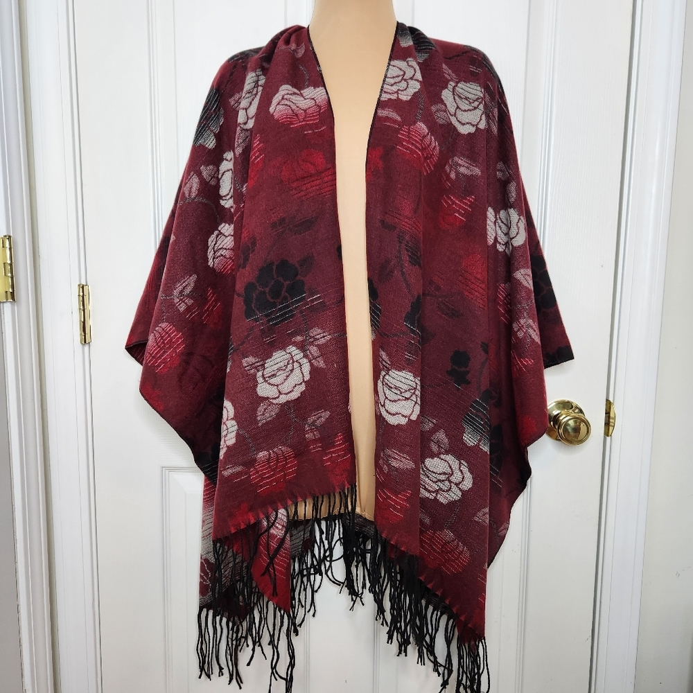 Harve Benard Red Black Floral Jacquard Cape Wrap Shawl Fringe